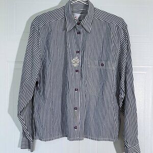 Vintage Otto Kern button-down long-sleeve white blue lined shirt with crest S